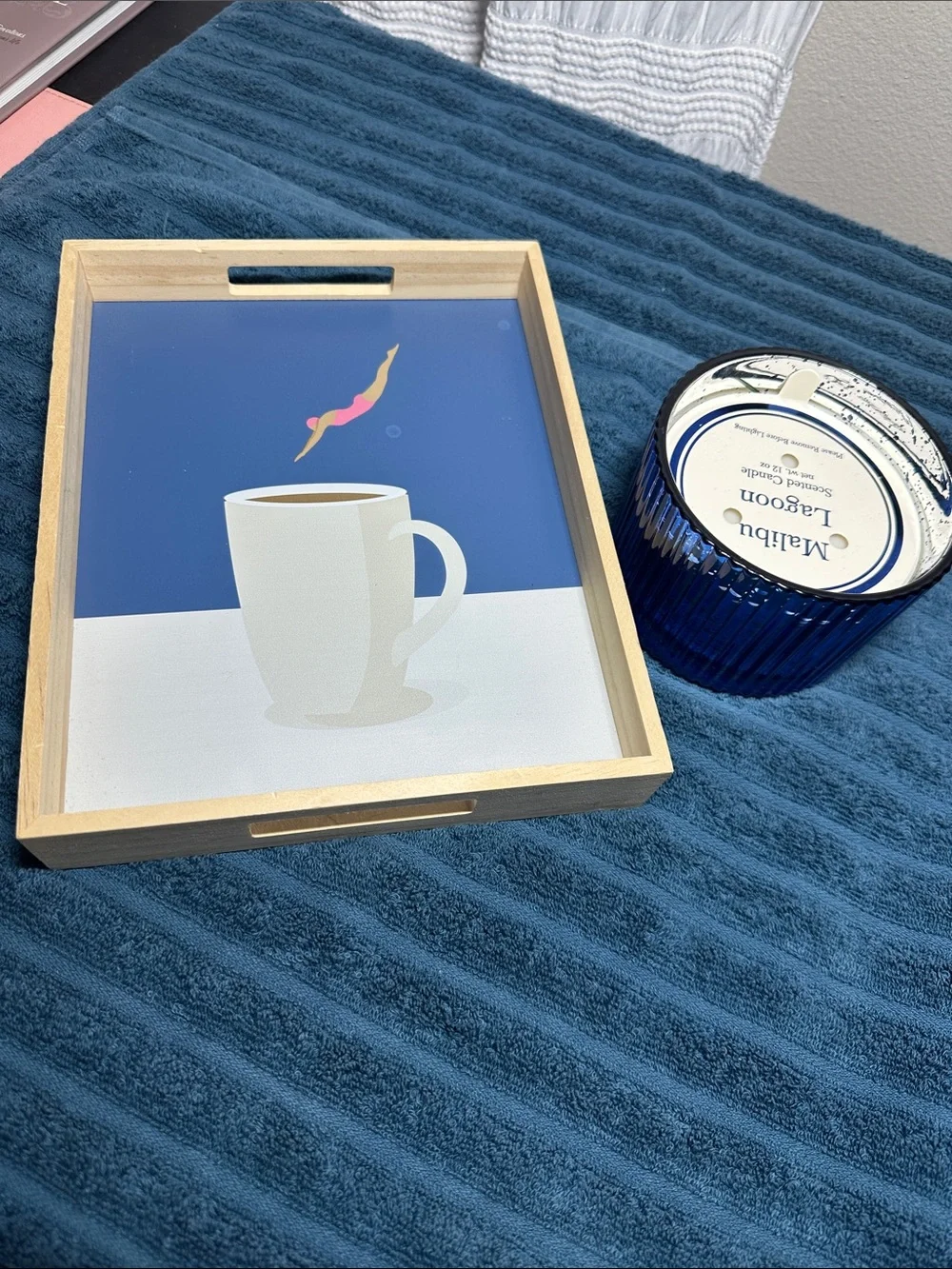 Coffee Cup Decorative Serving Tray with Wood Frame -& Blue Candle NWT